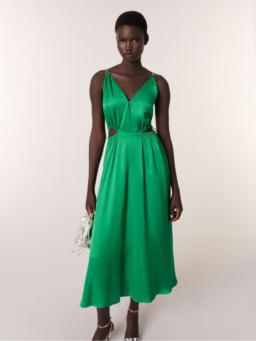 Beautiful Maje Emerald Green V-Neck Cutout Midi Dress
